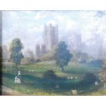 *19th century English school - Figures and sheep before Ely Cathedral, oil on panel, unsigned, 17