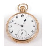 A George V 9ct gold cased gent's open faced pocket watch, the white enamel dial having Arabic