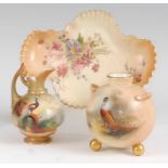 A Royal Worcester globular twin handled vase, raised on three gilded feet, decorated with a lone