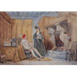 George Cattermole (1800-1868) - Interior scene with couple by a fire, watercolour heightened with