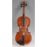 A 19th century Italian violin, having a one piece maple back, ebony finger board and rosewood