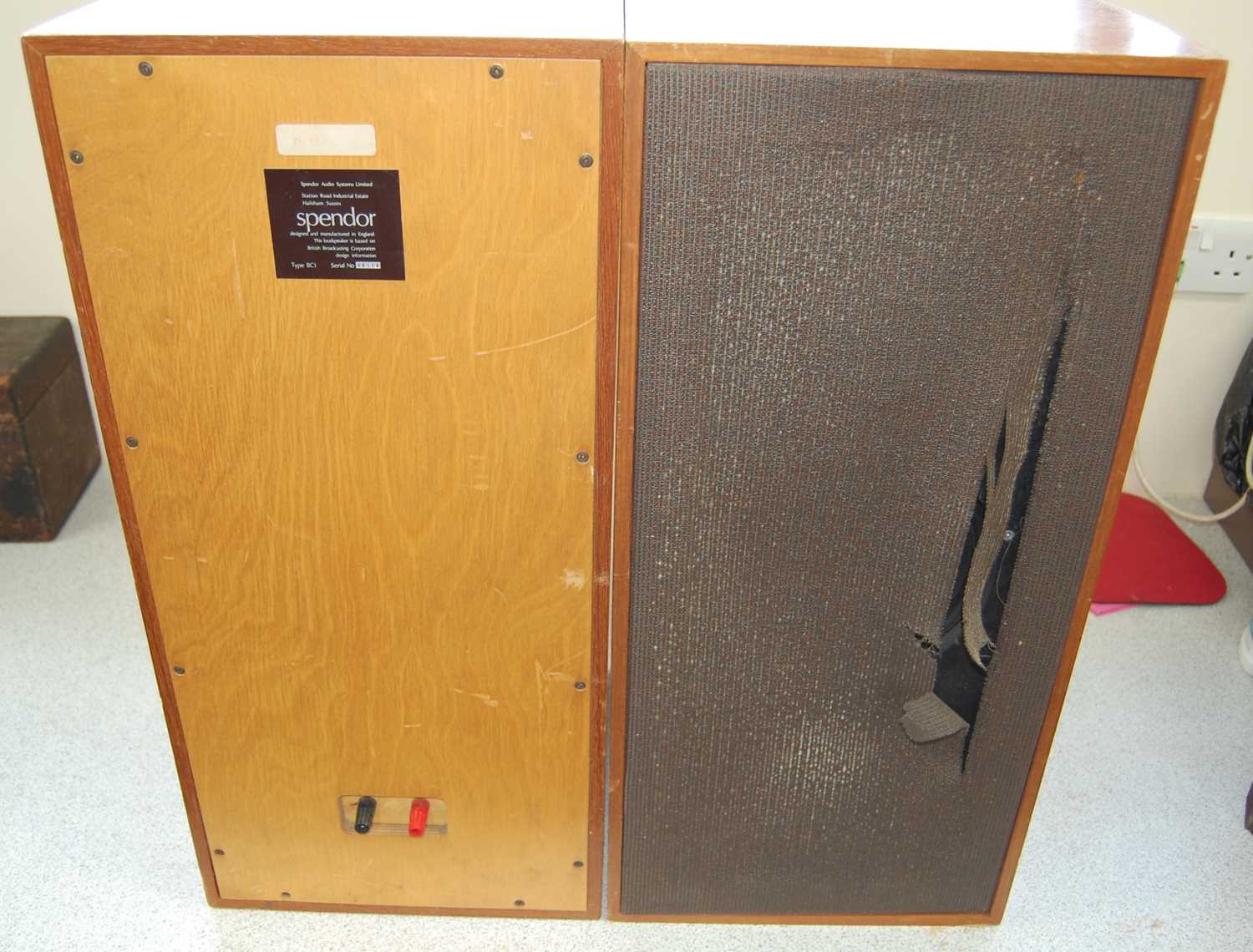A pair of Spendor Type BC1 loudspeakers, serial no. 12009, with BBC label verso, w.30, d.30, h.