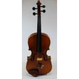 A Chinese Canton students violin, having a two piece back and ebony finger board, 34cm, cased,