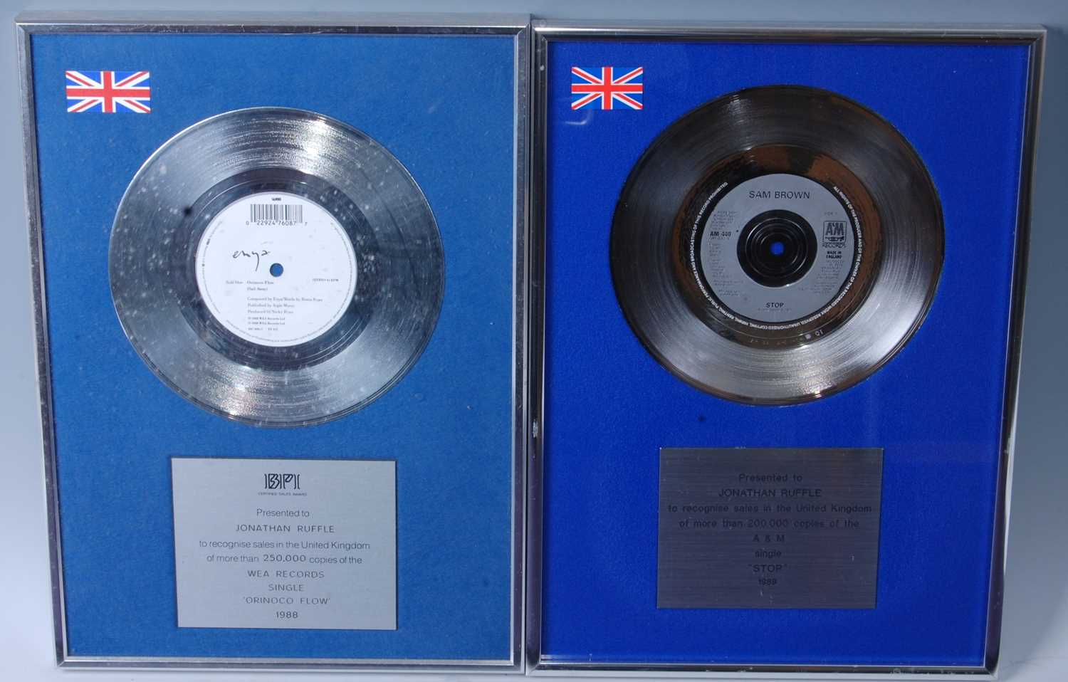 Enya, a silver presentation record for the single Orinoco Flow with plaque below "Presented to