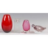 Peter Sparrer for Holmegaard - a red art glass ovoid vase, h.17cm; together with Finnish art glass