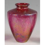 A large Royal Brierley iridescent decorated pink glass vase, of shouldered angular tapering form,