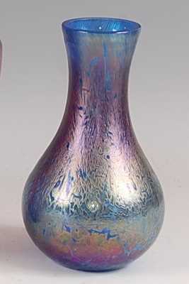 A Royal Brierley iridescent art glass vase, of lower bulbous form, labeled verso, h.17.2cm