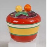 A 1930s Clarice Cliff Bizarre pattern preserve pot and cover, of slightly shouldered form, painted