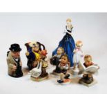 Four various Hummel figures to include goose girl, a Burleighware character jug Mr Pickwick, a