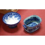 A large reproduction ironstone blue and white twin handled foot-bath; together with a large