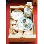 A box of miscellaneous items, to include 19th century Sunderland lustre teawares, Irish porcelain