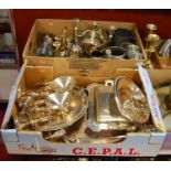 Two boxes of plated and pewter wares to include various tankards, egg cruet, pair three light