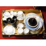 A box of miscellaneous china, to include Crown Staffordshire teawares, Wedgwood plate etc