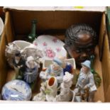 A box of miscellaneous items, to include Victorian and later china farings, Staffordshire spill vase