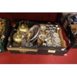 Two boxes of assorted metal ware to include two brass kettles, glass claret jug etc