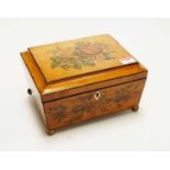 A Victorian simulated satinwood work box of sarcophagus form, transfer printed with various roses,