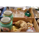 Two boxes of miscellaneous items to include a pair of Victorian vases, each on blue ground with