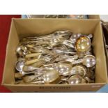 A box of miscellaneous loose silver plated flatwares in various patterns