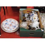 A box of miscellaneous items, to include Goss Norfolk crested china jug, Royal Doulton figure of