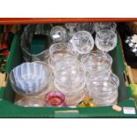 A box containing a collection of glassware and ceramics, to include a Nailsea type glass hexagonal