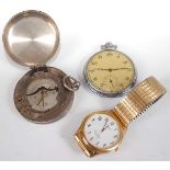 A mid-20th century steel cased keyless pocket watch; together with a steel cased pocket compass; and