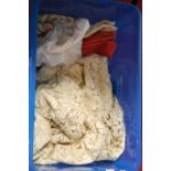 A box of assorted textiles, to include crocheted work, table cloth, assorted linen, doilies, curtain