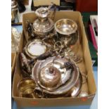 Assorted plated wares to include basket, tankard, muffin dish, three light candelabrum etc