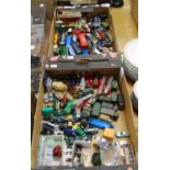 A box of loose diecast and other kit-built vehicles, to include various fire trucks, military