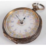 A continental silver cased lady's open faced fob watch, having jewelled white enamel dial and