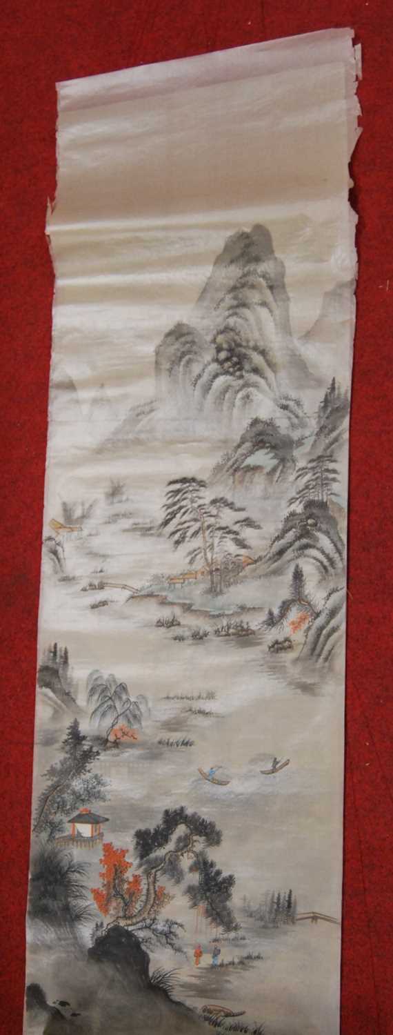 Three Chinese watercolours of bamboo, on rice paper, as rolled