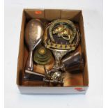 Mixed lot to include silver backed ladies hair brush, pair of plated goblets, sundry brassware etc