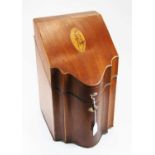 A George III mahogany and boxwood strung knife box, of serpentine form, having white metal