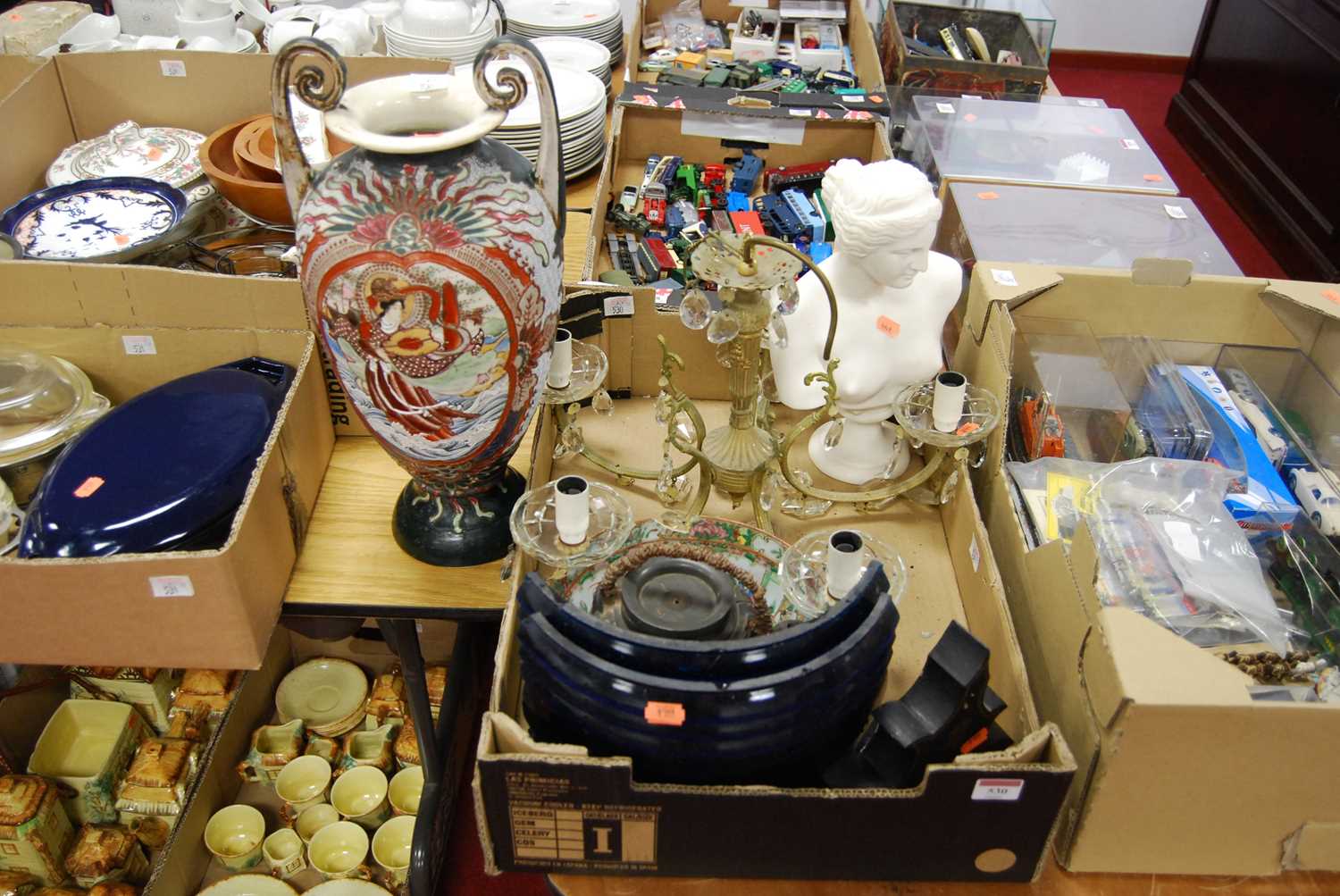 A box of miscellaneous items to include a reproduction parian style portrait bust of a lady on socle