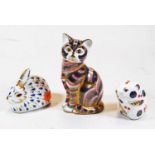 Three boxed Royal Crown Derby desk ornaments to include cat, rabbit and a field mouse, each