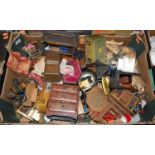 A box of assorted dolls house furniture, to include various bedroom furniture, longcase clock,