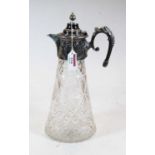A circa 1900 cut glass and silver plated claret jug, of conical form (handle a/f)