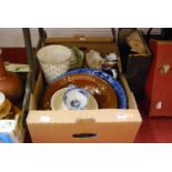 A box of miscellaneous china to include a slipware dish, blue & white transfer bowl etc