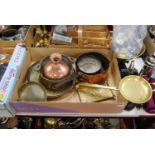 Assorted metal wares to include pan scale with weights, copper pan, eastern brass etc