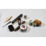 A small collection of miscellaneous items to include white metal and enamelled needle case, button