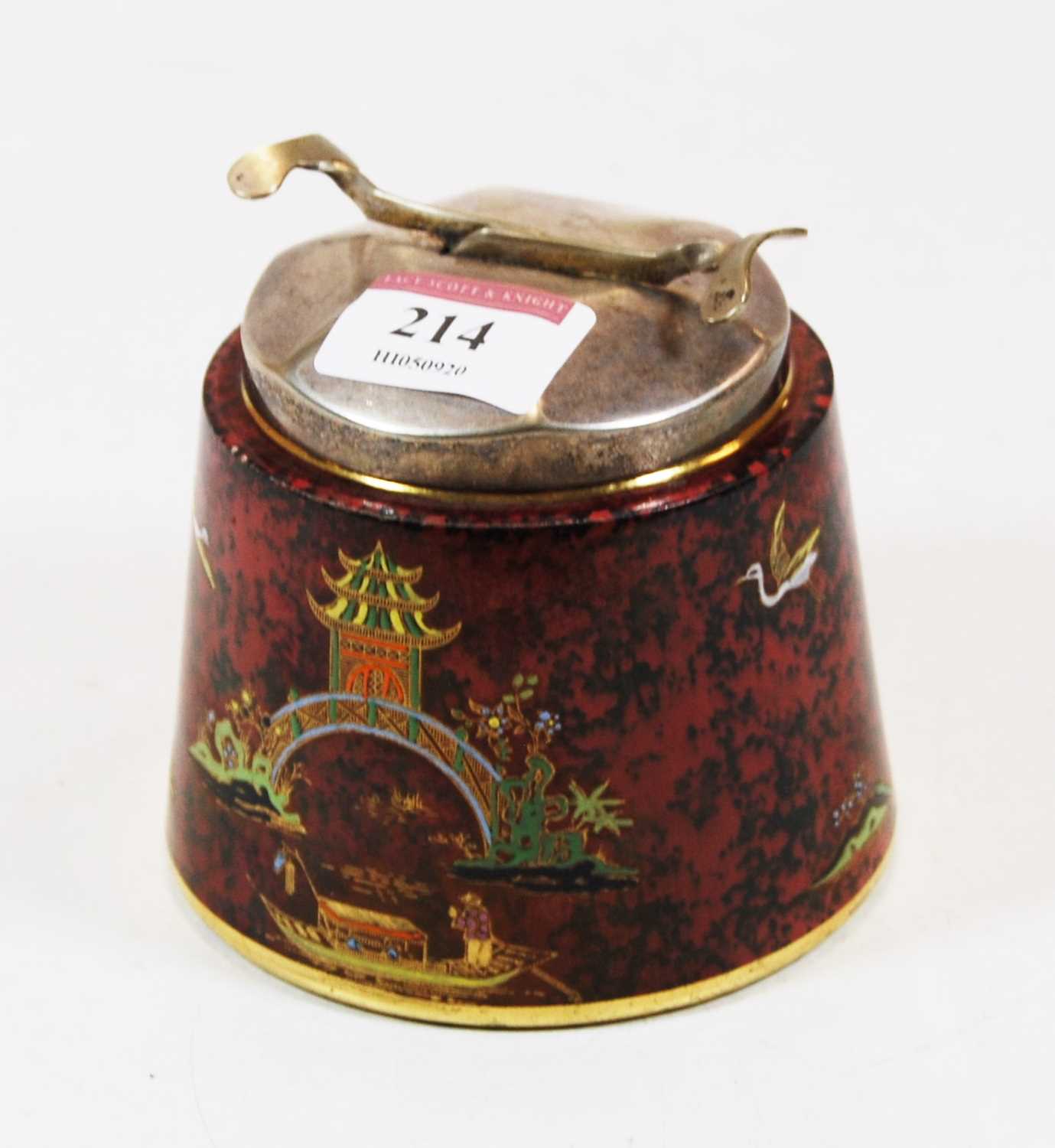 A Carlton ware sugar bowl decorated in the Japan palette having white metal cover with hinge sugar