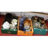 Three boxes of sundries, to include teawares, pair of frosted glass vases, decanters etc