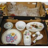 Three boxes to include cut glass decanters, baskets, bowls, assorted table china to include Poole,