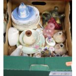 A box containing a collection of ceramics, to include Wedgwood blue jasper ware