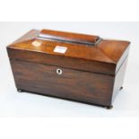 A Victorian rosewood tea caddy, of sarcophagus form, with mother of pearl escutcheon, standing on