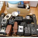 A box of assorted cameras to include Conway Popular model, Agfa Sychro boxed, Popular Brownie,