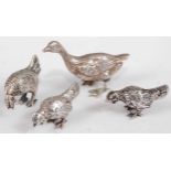 Four various 925 silver miniature gamebirds and a duck, each naturalistically posed, duck h.32mm,