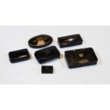 A collection of principally Victorian papier-mache snuff boxes, to inlcude one faux tortoiseshell