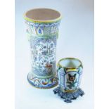 A modern Portuguese hand-painted majolica style stickstand, each panel decorated with birds and