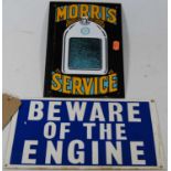 An enamel advertising sign for Morris Service, 26 x 18cm; and one other annotated 'Beware of the