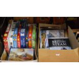 A collection of steam railway related jigsaw puzzles and hardback volumes, in two boxes